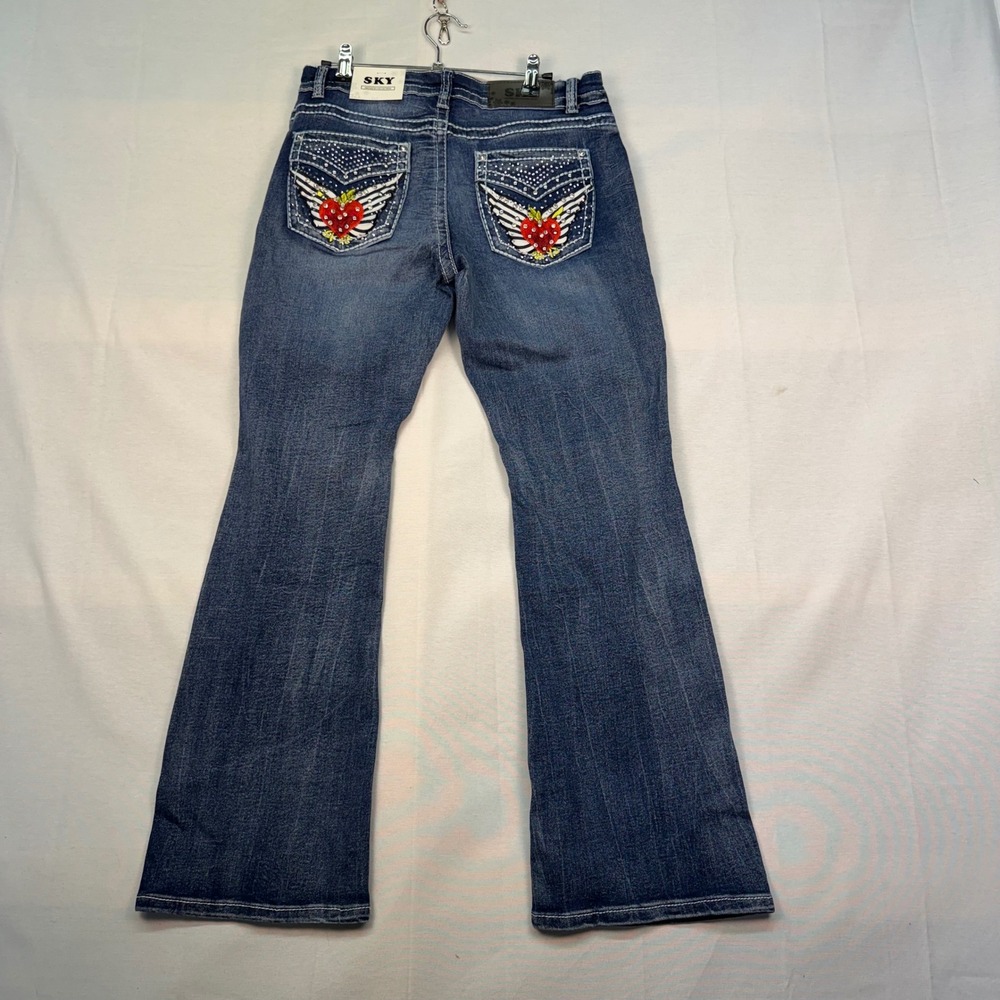 Sky Premium Collection Low Rise Bootcut Jeans Rhinestone Heart Wings Blue 13/31 - Picture 8 of 8